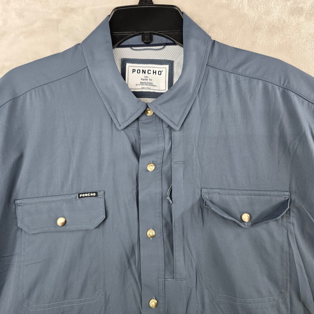 Poncho Shirt Men XXL Blue Short Sleeve Magnetic Pockets Regular Fit Outdoor